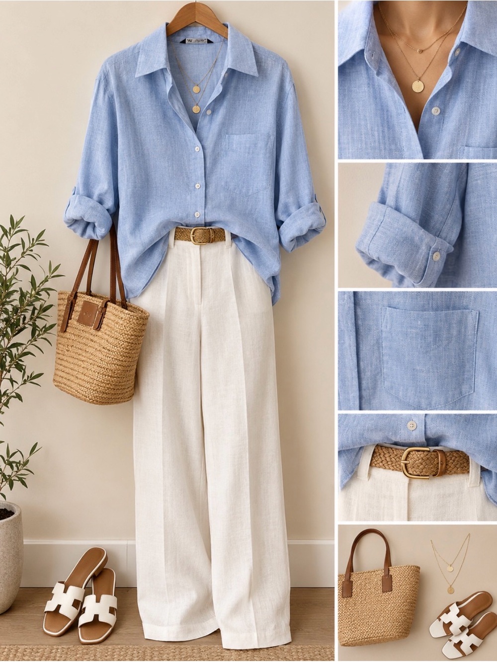 Zara 100% Linen Basic Shirt in a light sky blue.
